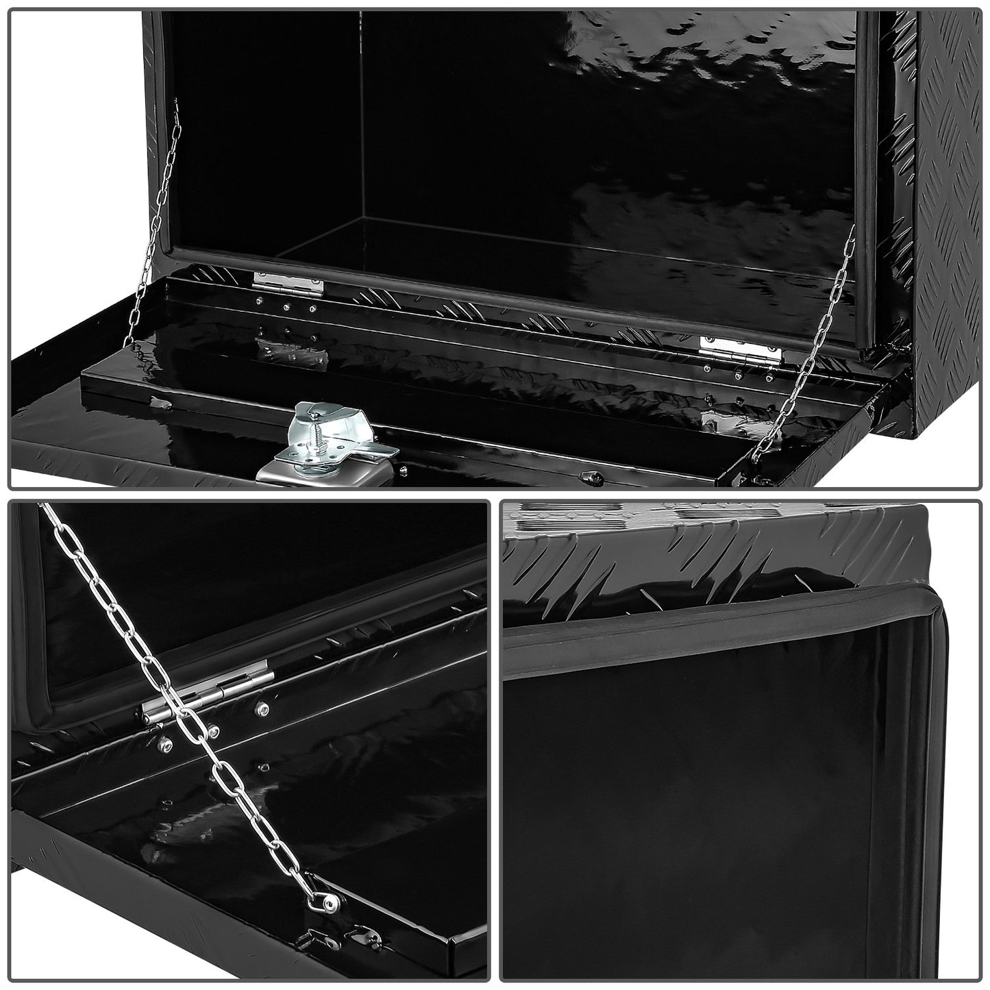 CAJA DE HERRAMIENTAS UNIVERSAL - TRUCK / TRAILER - W/ LOCK & KEY - ALUMINUM - 30" X 18" X 17" - 5 BAR DIAMOND TREAD PLATE PATTERN - BLACK
