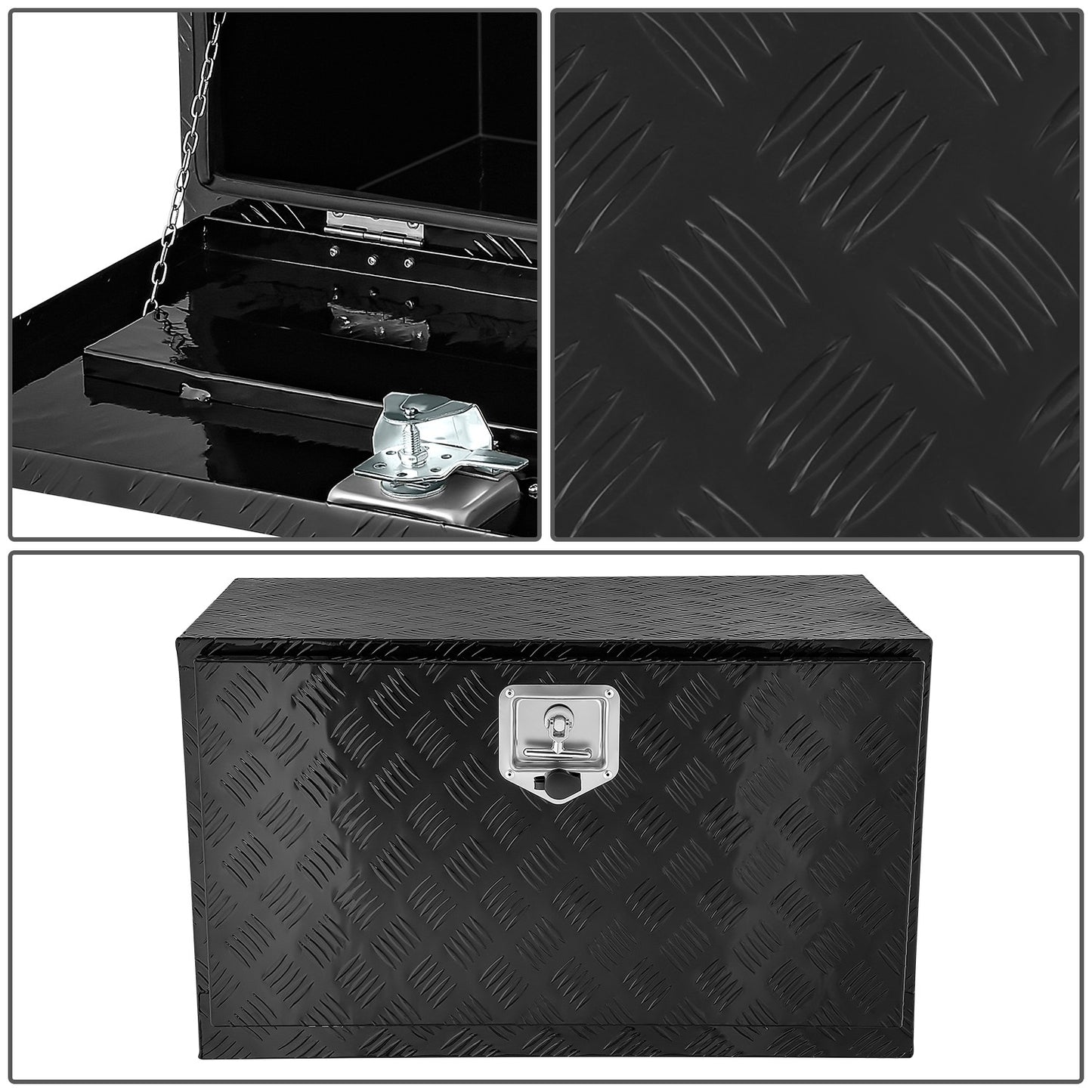 CAJA DE HERRAMIENTAS UNIVERSAL - TRUCK / TRAILER - W/ LOCK & KEY - ALUMINUM - 30" X 18" X 17" - 5 BAR DIAMOND TREAD PLATE PATTERN - BLACK