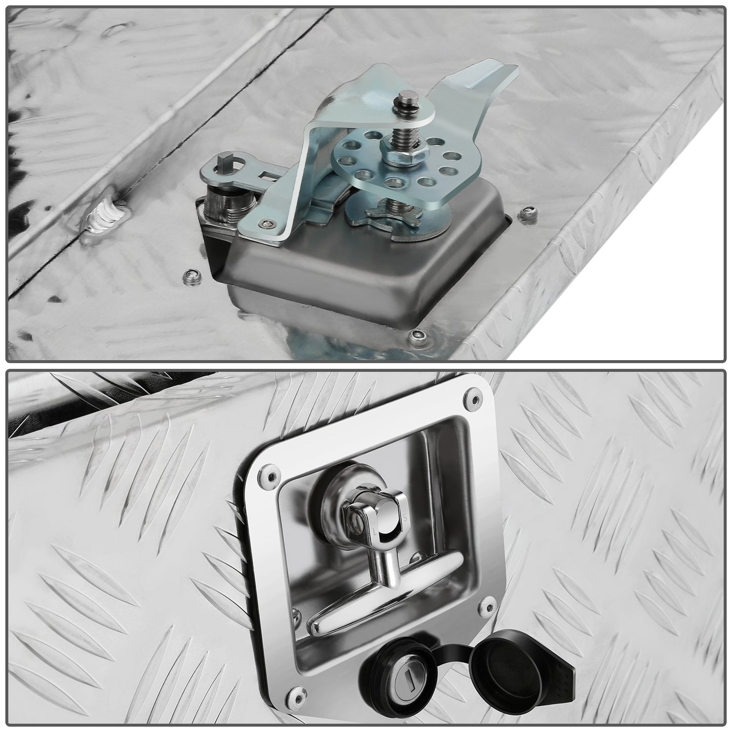 CAJA DE HERRAMIENTAS UNIVERSAL - TRUCK / TRAILER - W/ LOCK & KEY - ALUMINUM - 47" X 18" X 18" - 5 BAR DIAMOND TREAD PLATE PATTERN - SILVER