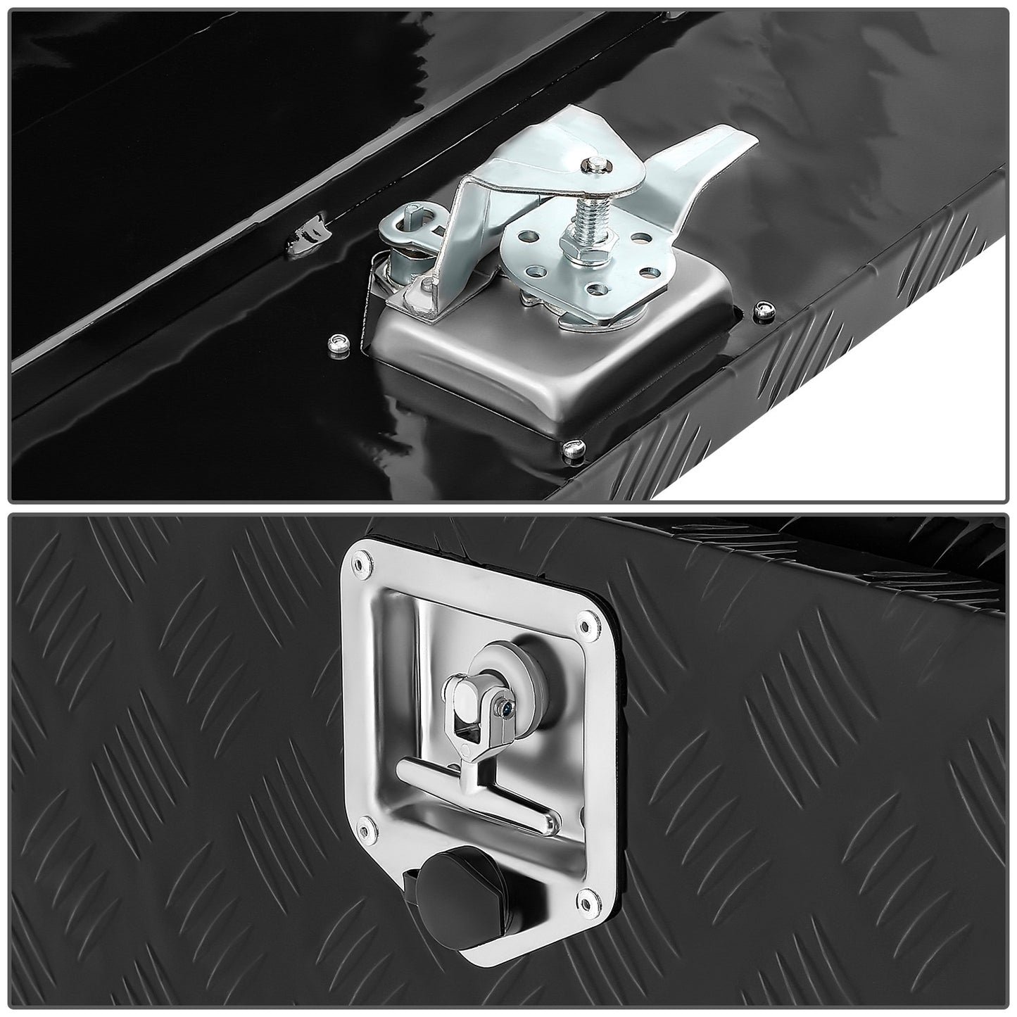 CAJA DE HERRAMIENTAS UNIVERSAL - TRUCK / TRAILER - W/ LOCK & KEY - ALUMINUM - 47" X 18" X 18" - 5 BAR DIAMOND TREAD PLATE PATTERN - BLACK