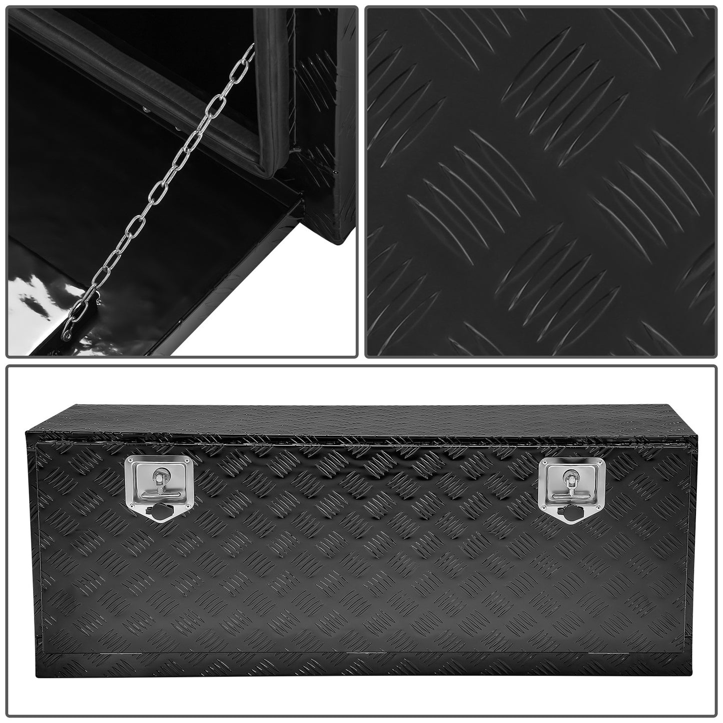 CAJA DE HERRAMIENTAS UNIVERSAL - TRUCK / TRAILER - W/ LOCK & KEY - ALUMINUM - 47" X 18" X 18" - 5 BAR DIAMOND TREAD PLATE PATTERN - BLACK
