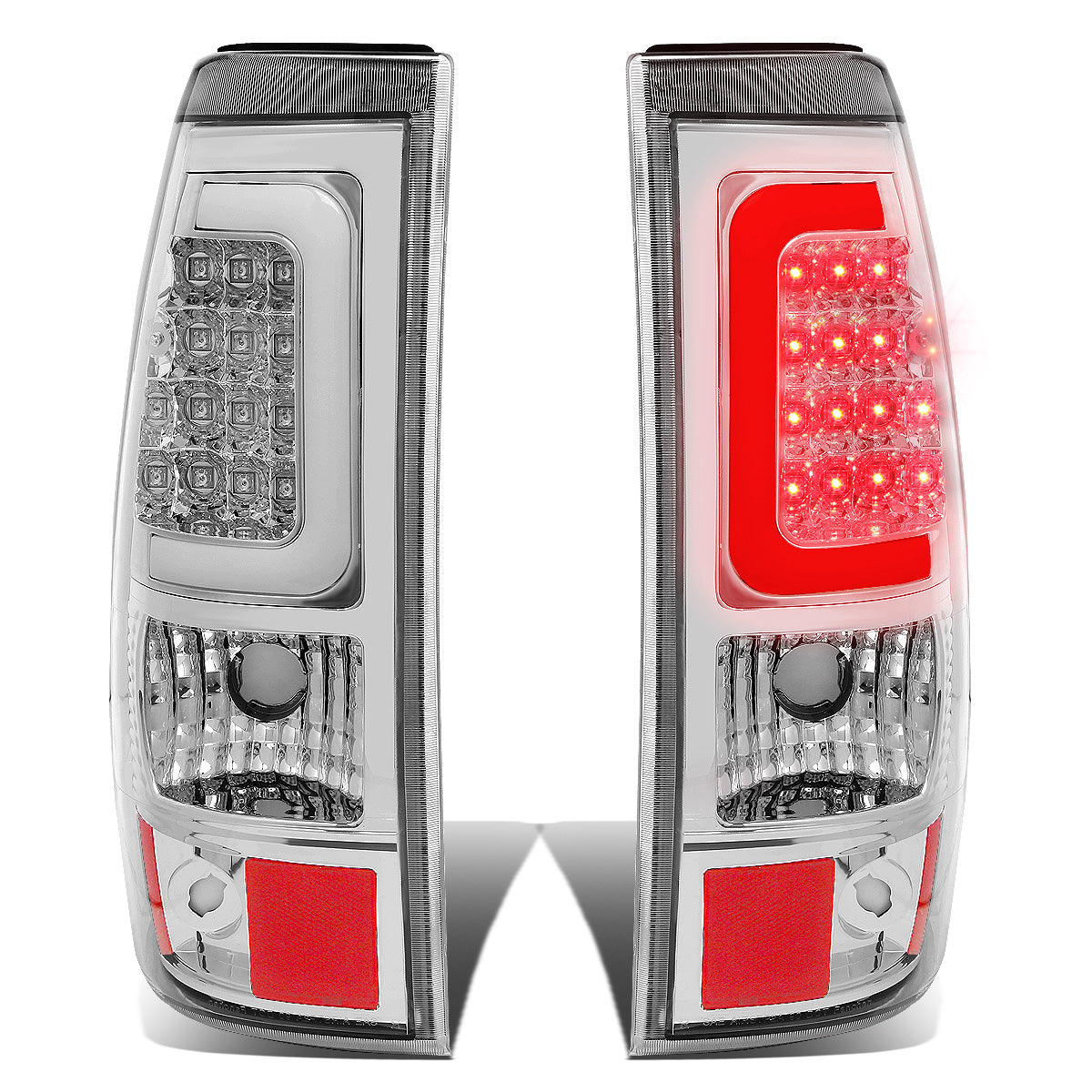 FAROS TRASEROS 03-06 CHEVY SILVERADO 1500 , 2500 , 3500 , HD MODELS , GMC SIERRA 1500 , 2500 , 3500 , HD MODELS / 2007 CHEVY SILVERADO , GMC SIERRA CLASSIC MODELS - C-BAR - 3D - U-HALO LED - FITS FLEETSIDE MODELS ONLY , DOES NOT FIT DUALLY MODELS - CHROME