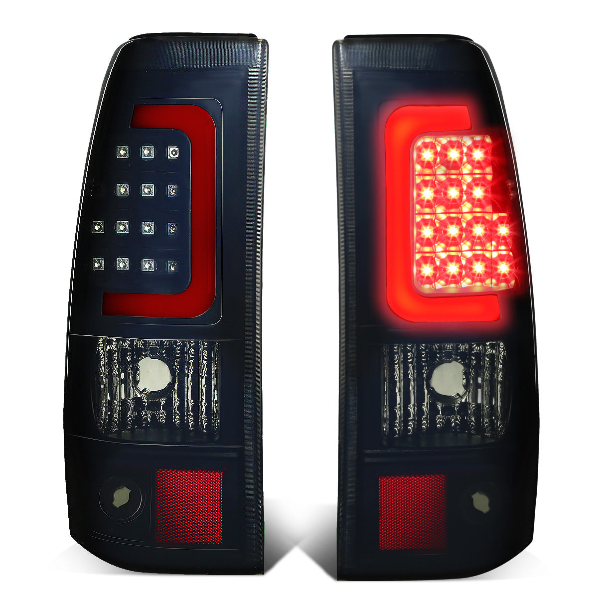 FAROS TRASEROS 03-06 CHEVY SILVERADO 1500 , 2500 , 3500 , HD MODELS , GMC SIERRA 1500 , 2500 , 3500 , HD MODELS / 2007 CHEVY SILVERADO , GMC SIERRA CLASSIC MODELS - RED C-BAR - 3D - U-HALO LED - FITS FLEETSIDE MODELS ONLY , DOES NOT FIT DUALLY MODELS -