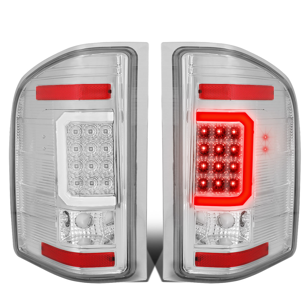 FAROS TRASEROS 07-13 CHEVY SILVERADO 1500 , GMC SIERRA 1500 / 07-14 CHEVY SILVERADO 2500HD , 3500HD , GMC SIERRA 2500HD , 3500HD - C-BAR - 3D - LED - TRON STYLE - CHROME / CLEAR
