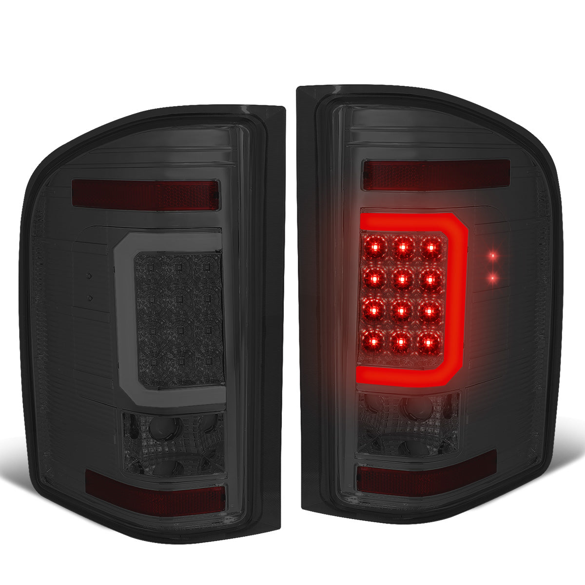 FAROS TRASEROS 07-13 CHEVY SILVERADO 1500 , GMC SIERRA 1500 / 07-14 CHEVY SILVERADO 2500HD , 3500HD , GMC SIERRA 2500HD , 3500HD - C-BAR - 3D - LED - TRON STYLE - CHROME / SMOKE