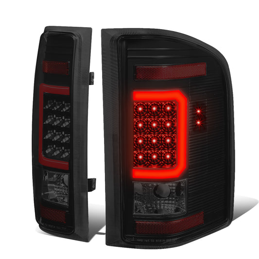 FAROS TRASEROS 07-13 CHEVY SILVERADO 1500 , GMC SIERRA 1500 / 07-14 CHEVY SILVERADO 2500HD , 3500HD , GMC SIERRA 2500HD , 3500HD - RED 3D STRIP - LED - BLACK / SMOKE