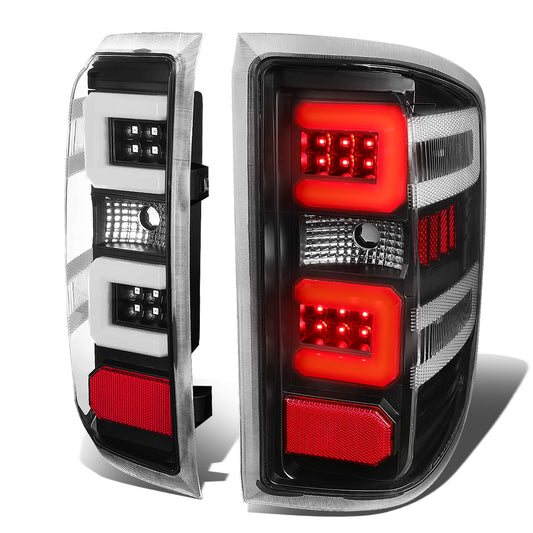 FAROS TRASEROS 14-19 CHEVY SILVERADO 1500 - 15-19 SILVERADO 2500HD 3500HD - 15-19 GMC SIERRA 3500HD DUAL REAR WHEELS - HALOGEN TAIL LIGHT MODELS ONLY - C-BAR - DUAL 3D STRIPS - LED - BLACK / CLEAR