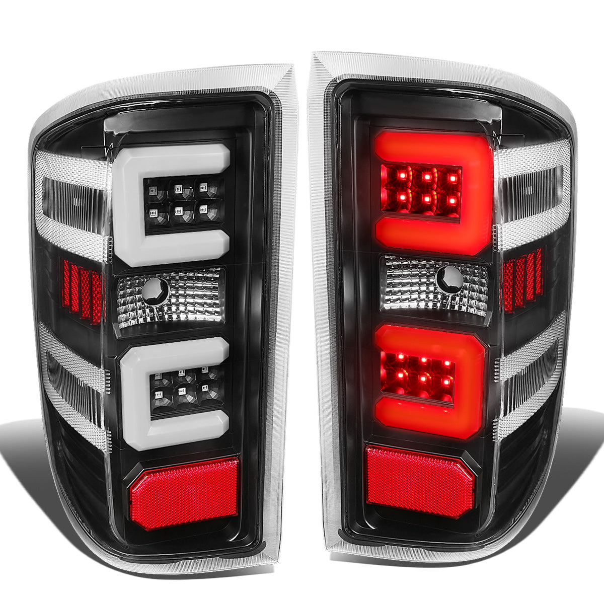 FAROS TRASEROS 14-19 CHEVY SILVERADO 1500 - 15-19 SILVERADO 2500HD 3500HD - 15-19 GMC SIERRA 3500HD DUAL REAR WHEELS - HALOGEN TAIL LIGHT MODELS ONLY - C-BAR - DUAL 3D STRIPS - LED - BLACK / CLEAR