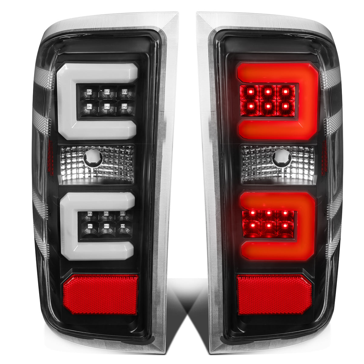 FAROS TRASEROS 14-19 CHEVY SILVERADO 1500 - 15-19 SILVERADO 2500HD 3500HD - 15-19 GMC SIERRA 3500HD DUAL REAR WHEELS - HALOGEN TAIL LIGHT MODELS ONLY - C-BAR - DUAL 3D STRIPS - LED - BLACK / CLEAR