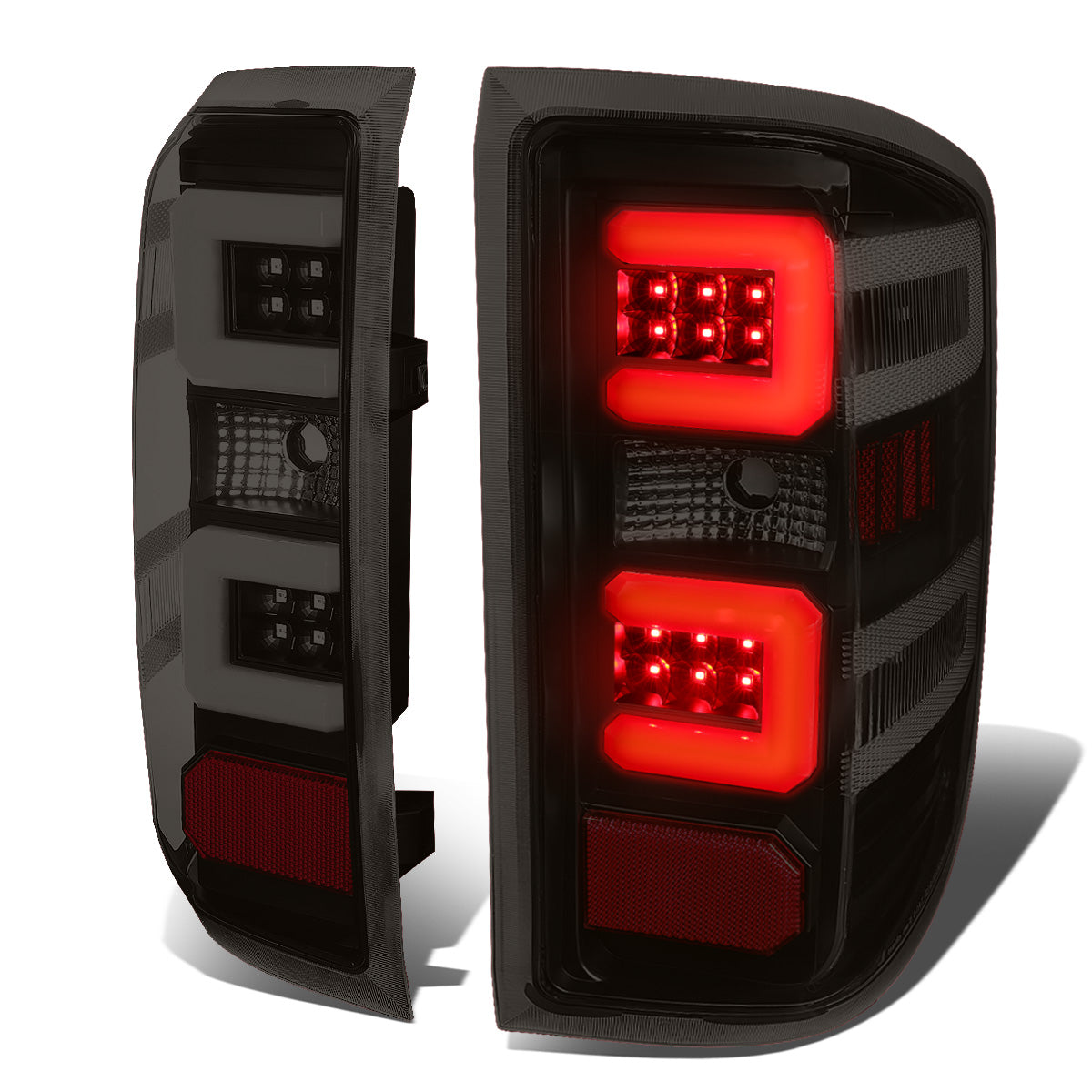FAROS TRASEROS 14-19 CHEVY SILVERADO 1500 - 15-19 SILVERADO 2500HD 3500HD - 15-19 GMC SIERRA 3500HD DUAL REAR WHEELS - HALOGEN TAIL LIGHT MODELS ONLY - C-BAR - DUAL 3D STRIPS - LED - BLACK / SMOKE