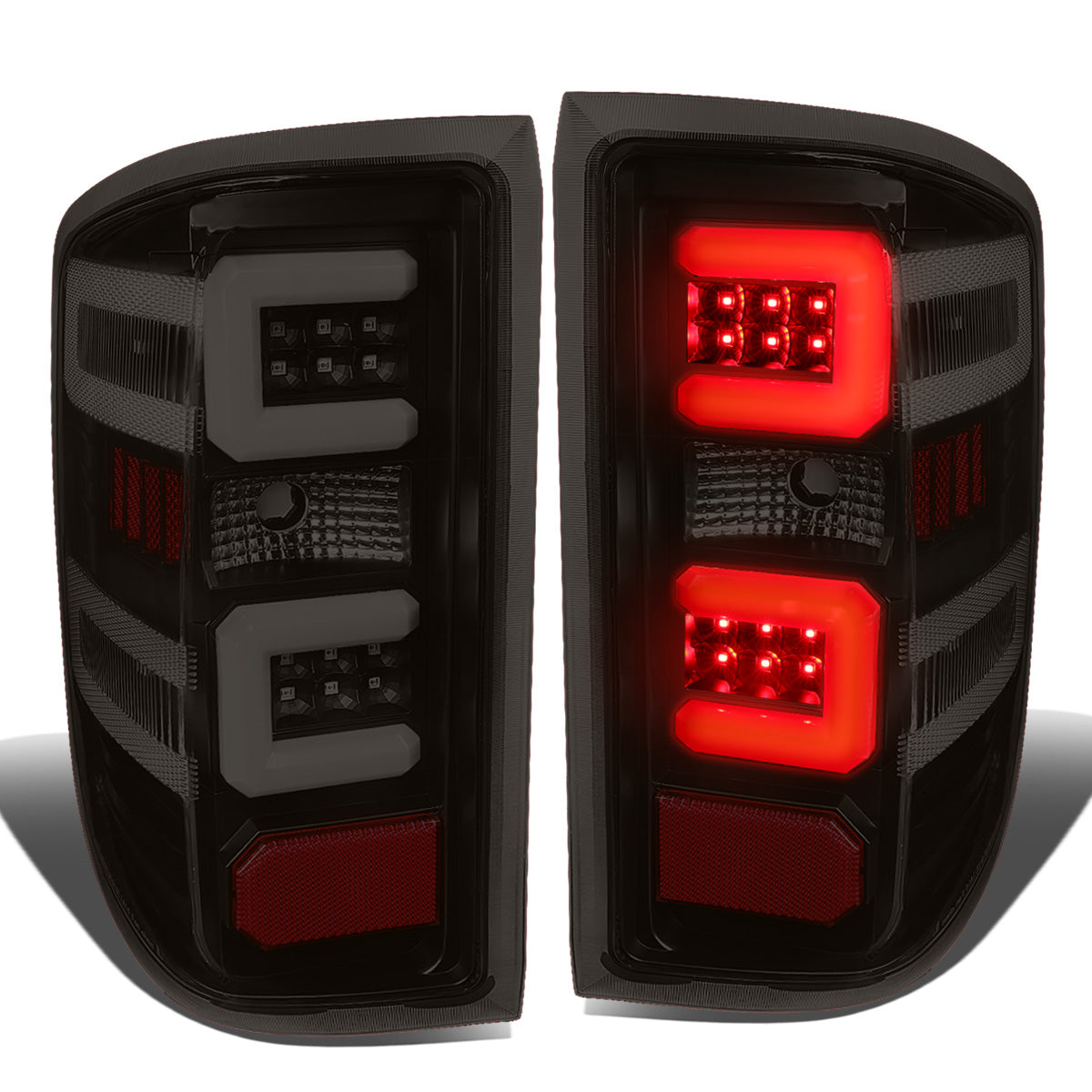 FAROS TRASEROS 14-19 CHEVY SILVERADO 1500 - 15-19 SILVERADO 2500HD 3500HD - 15-19 GMC SIERRA 3500HD DUAL REAR WHEELS - HALOGEN TAIL LIGHT MODELS ONLY - C-BAR - DUAL 3D STRIPS - LED - BLACK / SMOKE