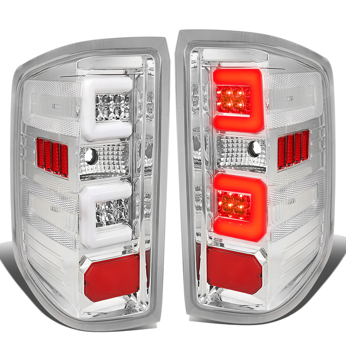 FAROS TRASEROS 14-19 CHEVY SILVERADO 1500 - 15-19 SILVERADO 2500HD 3500HD - 15-19 GMC SIERRA 3500HD DUAL REAR WHEELS - HALOGEN TAIL LIGHT MODELS ONLY - C-BAR - DUAL 3D STRIPS - LED - CHROME / CLEAR