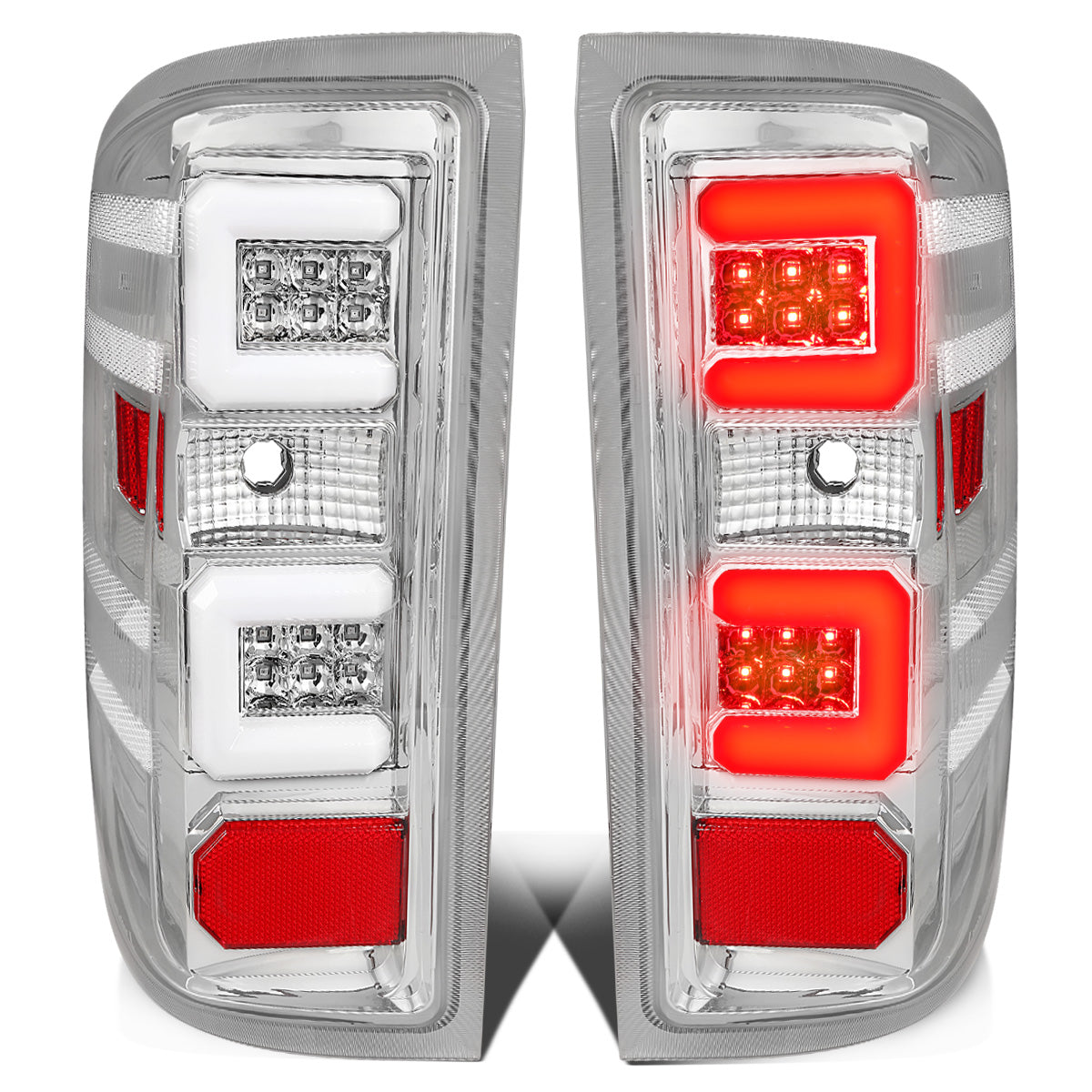 FAROS TRASEROS 14-19 CHEVY SILVERADO 1500 - 15-19 SILVERADO 2500HD 3500HD - 15-19 GMC SIERRA 3500HD DUAL REAR WHEELS - HALOGEN TAIL LIGHT MODELS ONLY - C-BAR - DUAL 3D STRIPS - LED - CHROME / CLEAR