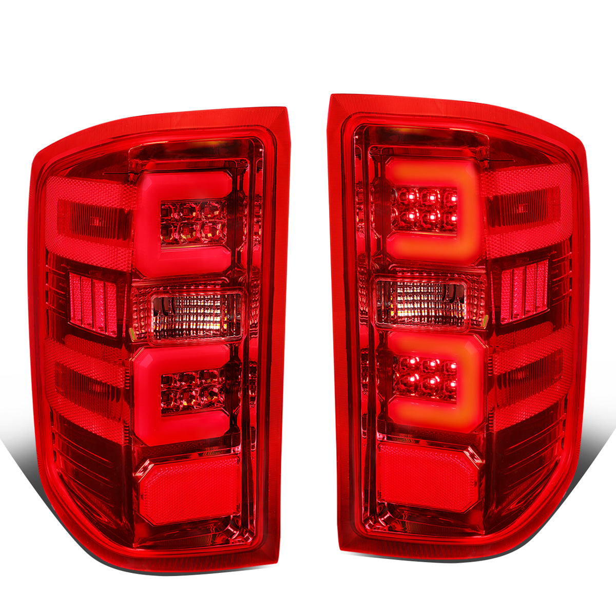 FAROS TRASEROS 14-19 CHEVY SILVERADO 1500 - 15-19 SILVERADO 2500HD 3500HD - 15-19 GMC SIERRA 3500HD DUAL REAR WHEELS - HALOGEN TAIL LIGHT MODELS ONLY - C-BAR - DUAL 3D STRIPS - LED - CHROME / RED