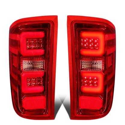 FAROS TRASEROS 14-19 CHEVY SILVERADO 1500 - 15-19 SILVERADO 2500HD 3500HD - 15-19 GMC SIERRA 3500HD DUAL REAR WHEELS - HALOGEN TAIL LIGHT MODELS ONLY - C-BAR - DUAL 3D STRIPS - LED - CHROME / RED