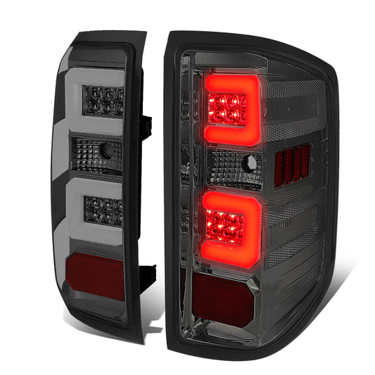 FAROS TRASEROS 14-19 CHEVY SILVERADO 1500 - 15-19 SILVERADO 2500HD 3500HD - 15-19 GMC SIERRA 3500HD DUAL REAR WHEELS - HALOGEN TAIL LIGHT MODELS ONLY - C-BAR - DUAL 3D STRIPS - LED - CHROME / SMOKE