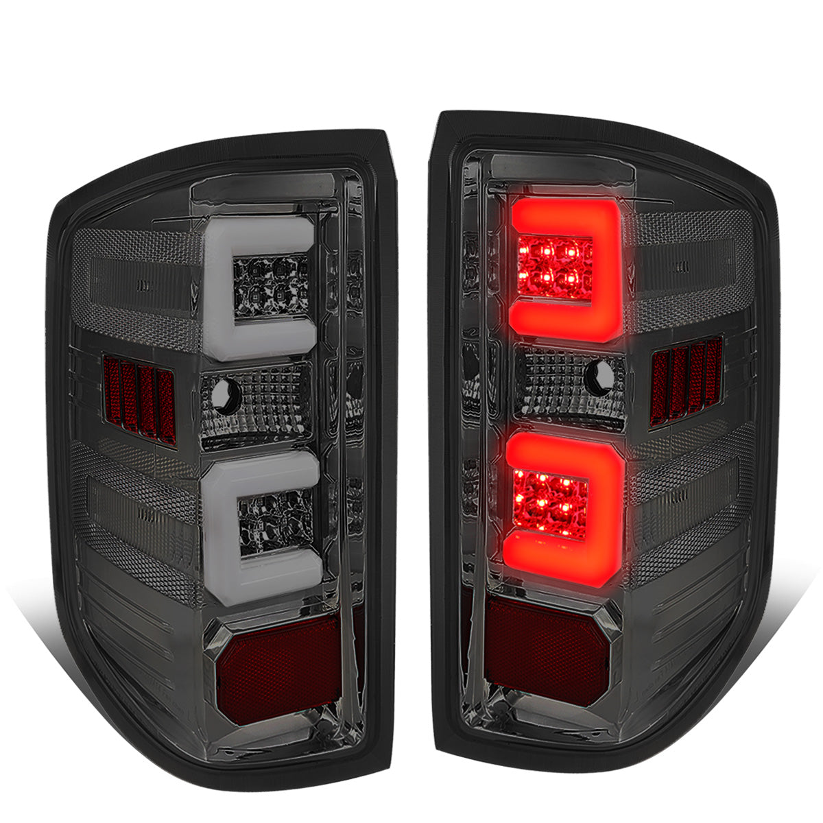 FAROS TRASEROS 14-19 CHEVY SILVERADO 1500 - 15-19 SILVERADO 2500HD 3500HD - 15-19 GMC SIERRA 3500HD DUAL REAR WHEELS - HALOGEN TAIL LIGHT MODELS ONLY - C-BAR - DUAL 3D STRIPS - LED - CHROME / SMOKE