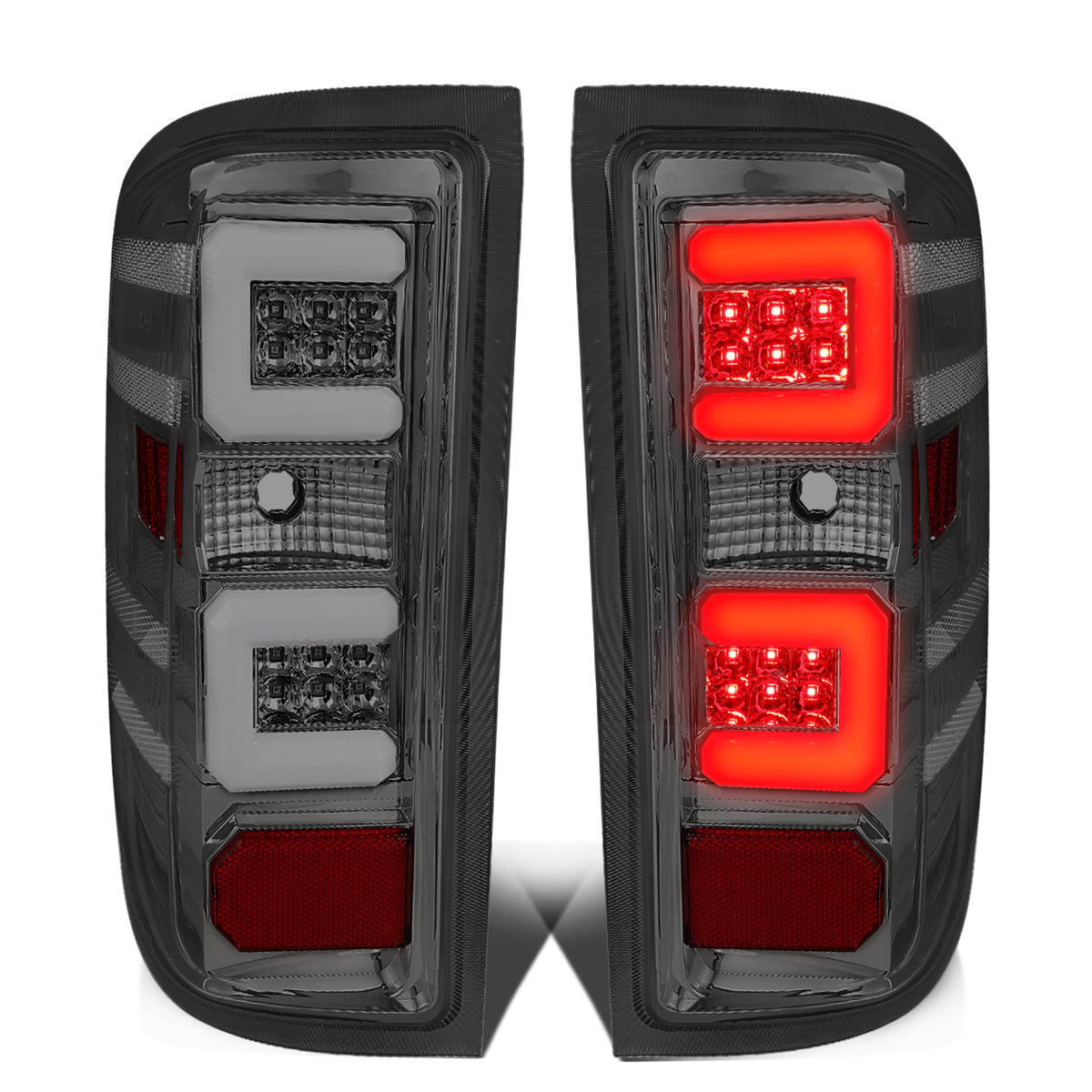 FAROS TRASEROS 14-19 CHEVY SILVERADO 1500 - 15-19 SILVERADO 2500HD 3500HD - 15-19 GMC SIERRA 3500HD DUAL REAR WHEELS - HALOGEN TAIL LIGHT MODELS ONLY - C-BAR - DUAL 3D STRIPS - LED - CHROME / SMOKE