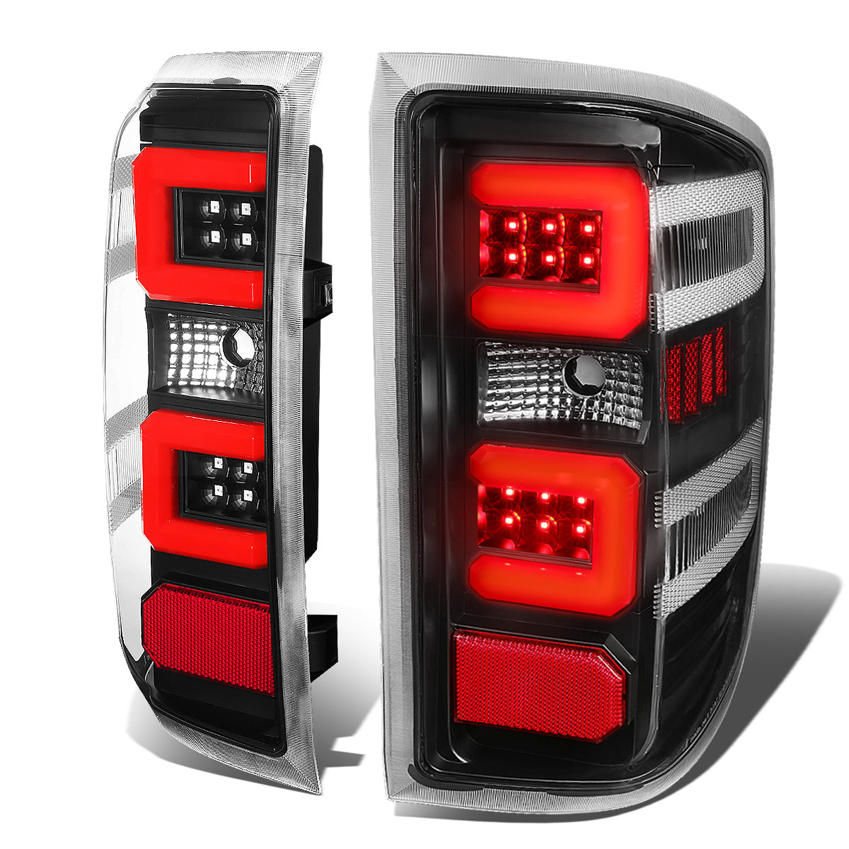 FAROS TRASEROS 14-19 CHEVY SILVERADO 1500 - 15-19 SILVERADO 2500HD 3500HD - 15-19 GMC SIERRA 3500HD DUAL REAR WHEELS - HALOGEN TAIL LIGHT MODELS ONLY - C-BAR - DUAL RED 3D STRIPS - LED - BLACK / CLEAR