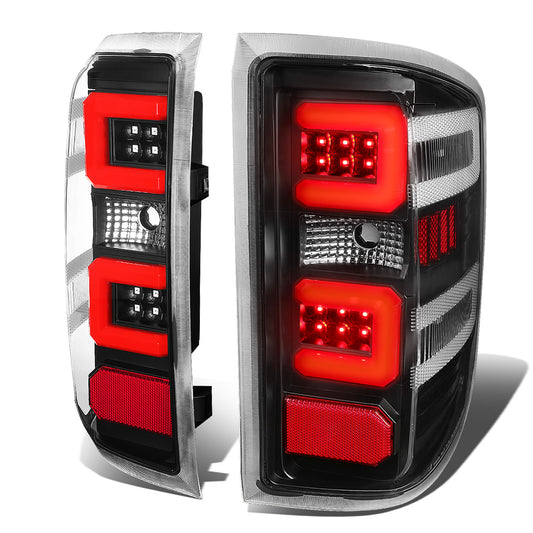 FAROS TRASEROS 14-19 CHEVY SILVERADO 1500 - 15-19 SILVERADO 2500HD 3500HD - 15-19 GMC SIERRA 3500HD DUAL REAR WHEELS - HALOGEN TAIL LIGHT MODELS ONLY - C-BAR - DUAL RED 3D STRIPS - LED - BLACK / CLEAR