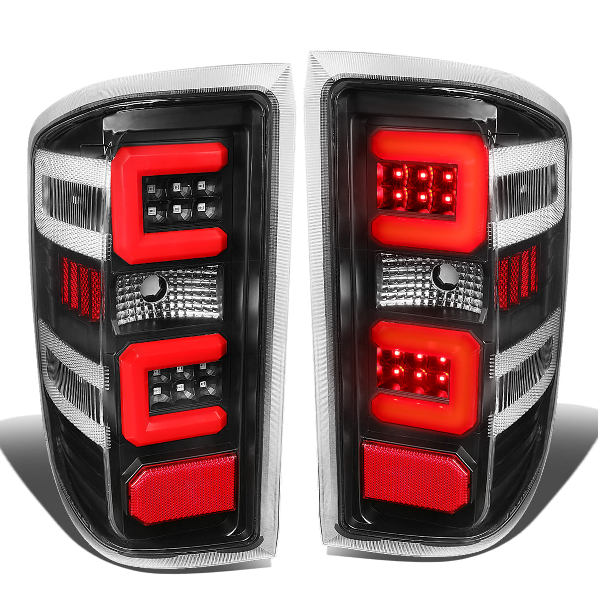 FAROS TRASEROS 14-19 CHEVY SILVERADO 1500 - 15-19 SILVERADO 2500HD 3500HD - 15-19 GMC SIERRA 3500HD DUAL REAR WHEELS - HALOGEN TAIL LIGHT MODELS ONLY - C-BAR - DUAL RED 3D STRIPS - LED - BLACK / CLEAR