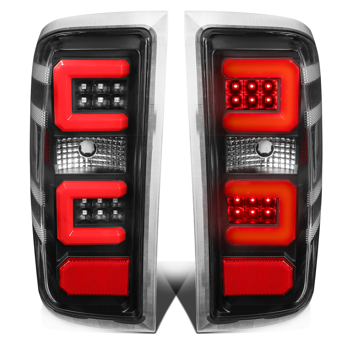 FAROS TRASEROS 14-19 CHEVY SILVERADO 1500 - 15-19 SILVERADO 2500HD 3500HD - 15-19 GMC SIERRA 3500HD DUAL REAR WHEELS - HALOGEN TAIL LIGHT MODELS ONLY - C-BAR - DUAL RED 3D STRIPS - LED - BLACK / CLEAR