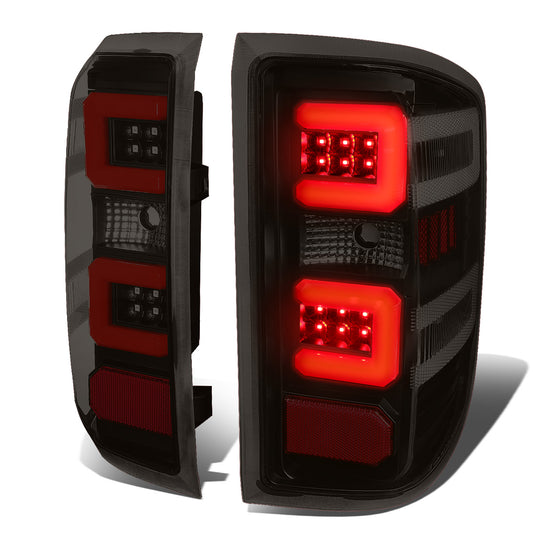 FAROS TRASEROS 14-19 CHEVY SILVERADO 1500 - 15-19 SILVERADO 2500HD 3500HD - 15-19 GMC SIERRA 3500HD DUAL REAR WHEELS - HALOGEN TAIL LIGHT MODELS ONLY - C-BAR - DUAL RED 3D STRIPS - LED - BLACK / SMOKE