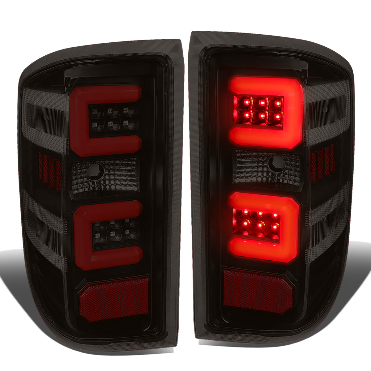 FAROS TRASEROS 14-19 CHEVY SILVERADO 1500 - 15-19 SILVERADO 2500HD 3500HD - 15-19 GMC SIERRA 3500HD DUAL REAR WHEELS - HALOGEN TAIL LIGHT MODELS ONLY - C-BAR - DUAL RED 3D STRIPS - LED - BLACK / SMOKE