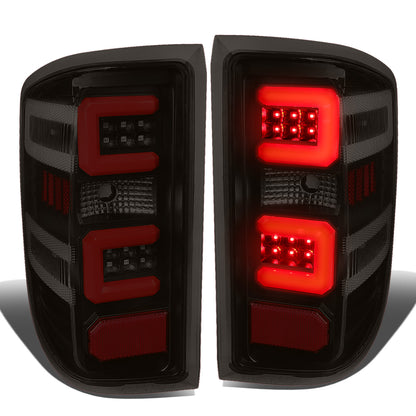 FAROS TRASEROS 14-19 CHEVY SILVERADO 1500 - 15-19 SILVERADO 2500HD 3500HD - 15-19 GMC SIERRA 3500HD DUAL REAR WHEELS - HALOGEN TAIL LIGHT MODELS ONLY - C-BAR - DUAL RED 3D STRIPS - LED - BLACK / SMOKE