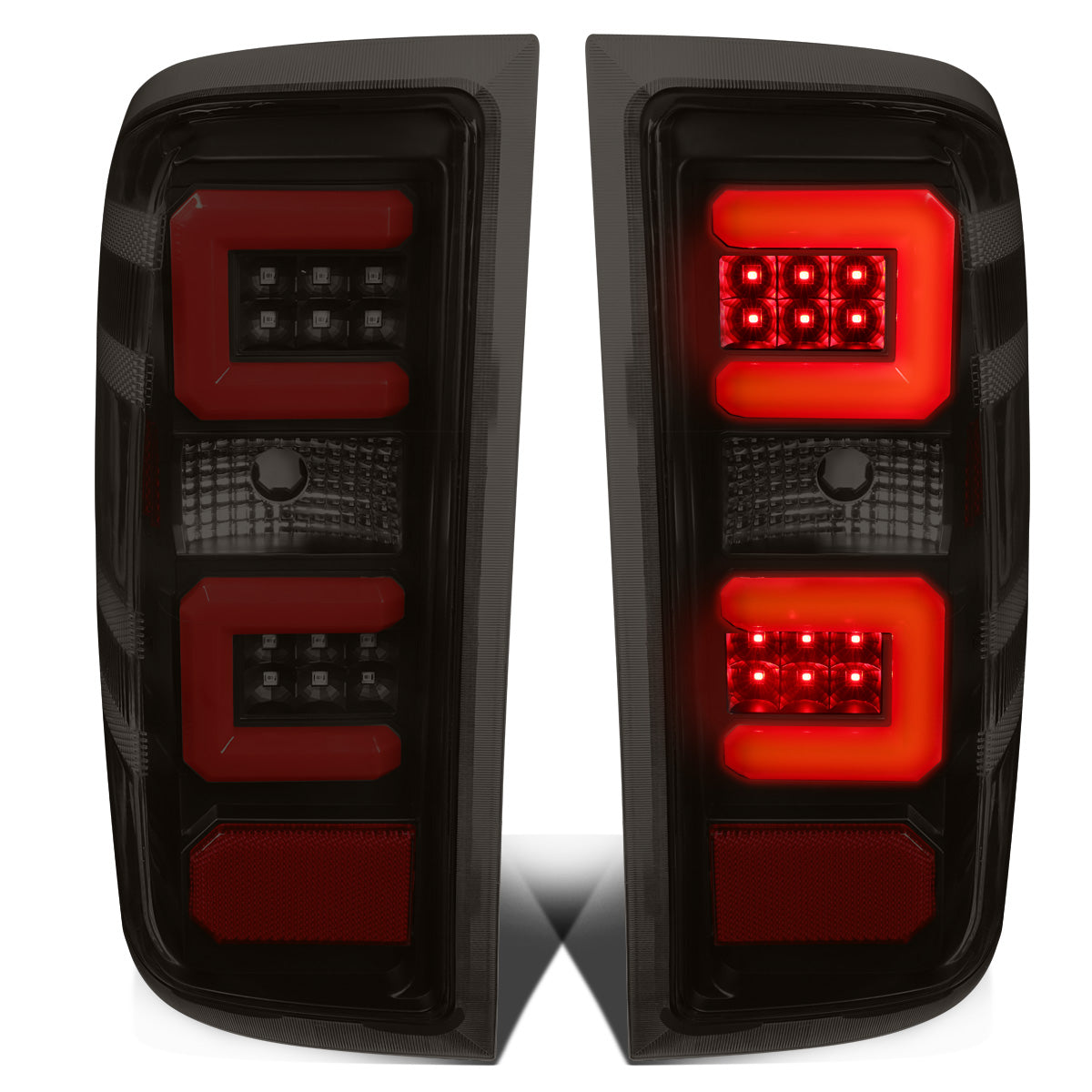FAROS TRASEROS 14-19 CHEVY SILVERADO 1500 - 15-19 SILVERADO 2500HD 3500HD - 15-19 GMC SIERRA 3500HD DUAL REAR WHEELS - HALOGEN TAIL LIGHT MODELS ONLY - C-BAR - DUAL RED 3D STRIPS - LED - BLACK / SMOKE
