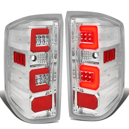 FAROS TRASEROS 14-19 CHEVY SILVERADO 1500 - 15-19 SILVERADO 2500HD 3500HD - 15-19 GMC SIERRA 3500HD DUAL REAR WHEELS - HALOGEN TAIL LIGHT MODELS ONLY - C-BAR - DUAL RED 3D STRIPS - LED - CHROME / CLEAR