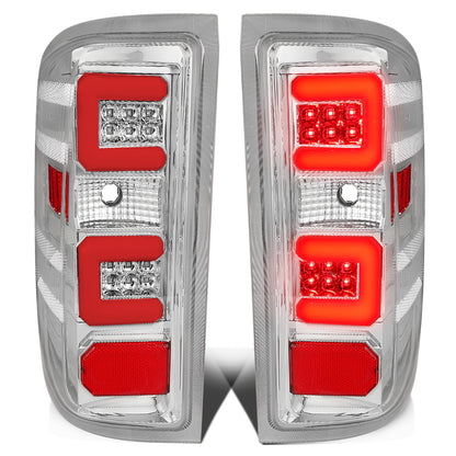 FAROS TRASEROS 14-19 CHEVY SILVERADO 1500 - 15-19 SILVERADO 2500HD 3500HD - 15-19 GMC SIERRA 3500HD DUAL REAR WHEELS - HALOGEN TAIL LIGHT MODELS ONLY - C-BAR - DUAL RED 3D STRIPS - LED - CHROME / CLEAR