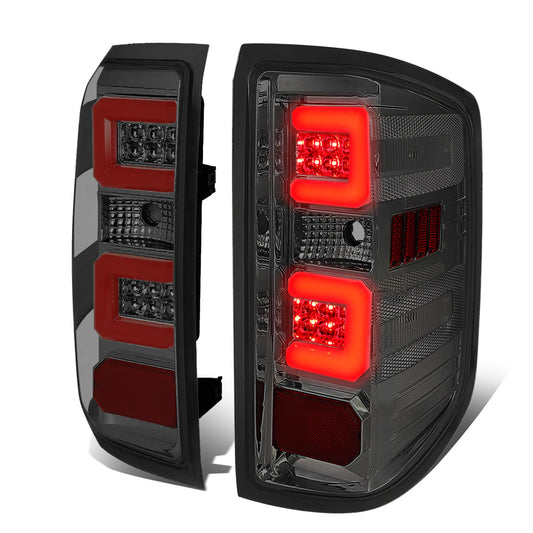 FAROS TRASEROS 14-19 CHEVY SILVERADO 1500 - 15-19 SILVERADO 2500HD 3500HD - 15-19 GMC SIERRA 3500HD DUAL REAR WHEELS - HALOGEN TAIL LIGHT MODELS ONLY - C-BAR - DUAL RED 3D STRIPS - LED - CHROME / SMOKE