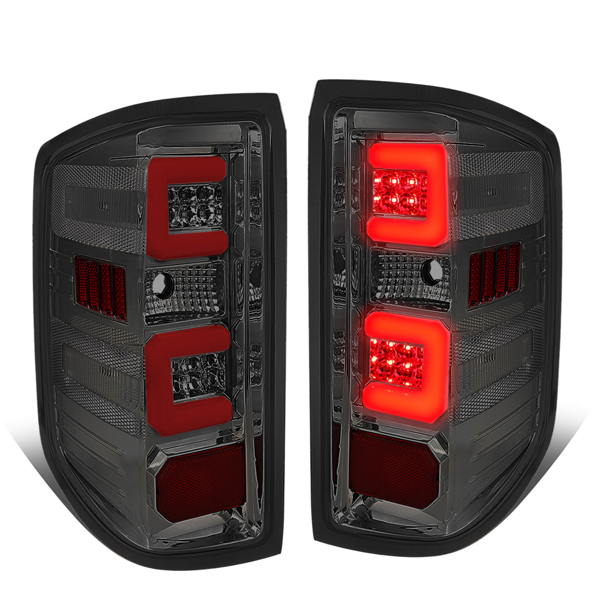 FAROS TRASEROS 14-19 CHEVY SILVERADO 1500 - 15-19 SILVERADO 2500HD 3500HD - 15-19 GMC SIERRA 3500HD DUAL REAR WHEELS - HALOGEN TAIL LIGHT MODELS ONLY - C-BAR - DUAL RED 3D STRIPS - LED - CHROME / SMOKE