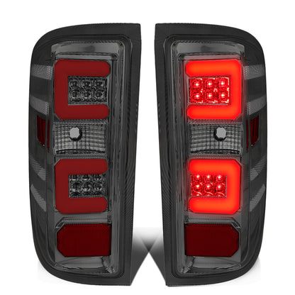 FAROS TRASEROS 14-19 CHEVY SILVERADO 1500 - 15-19 SILVERADO 2500HD 3500HD - 15-19 GMC SIERRA 3500HD DUAL REAR WHEELS - HALOGEN TAIL LIGHT MODELS ONLY - C-BAR - DUAL RED 3D STRIPS - LED - CHROME / SMOKE