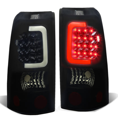 FAROS TRASEROS 99-02 CHEVY SILVERADO 1500 , 2500 , 3500 , HD MODELS / 99-03 GMC SIERRA 1500 , 2500 , HD MODELS - C-BAR - 3D - U-HALO LED - BLACK / SMOKE