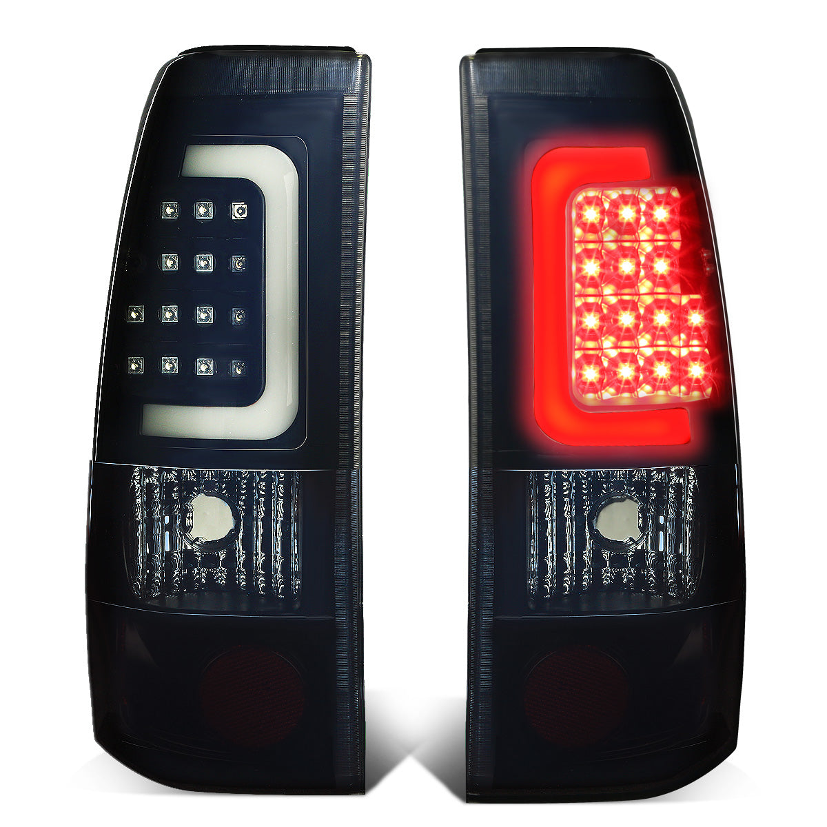 FAROS TRASEROS 99-02 CHEVY SILVERADO 1500 , 2500 , 3500 , HD MODELS / 99-03 GMC SIERRA 1500 , 2500 , HD MODELS - C-BAR - 3D - U-HALO LED - BLACK / SMOKE