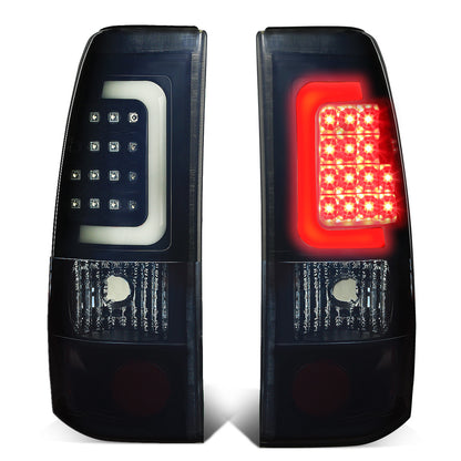 FAROS TRASEROS 99-02 CHEVY SILVERADO 1500 , 2500 , 3500 , HD MODELS / 99-03 GMC SIERRA 1500 , 2500 , HD MODELS - C-BAR - 3D - U-HALO LED - BLACK / SMOKE