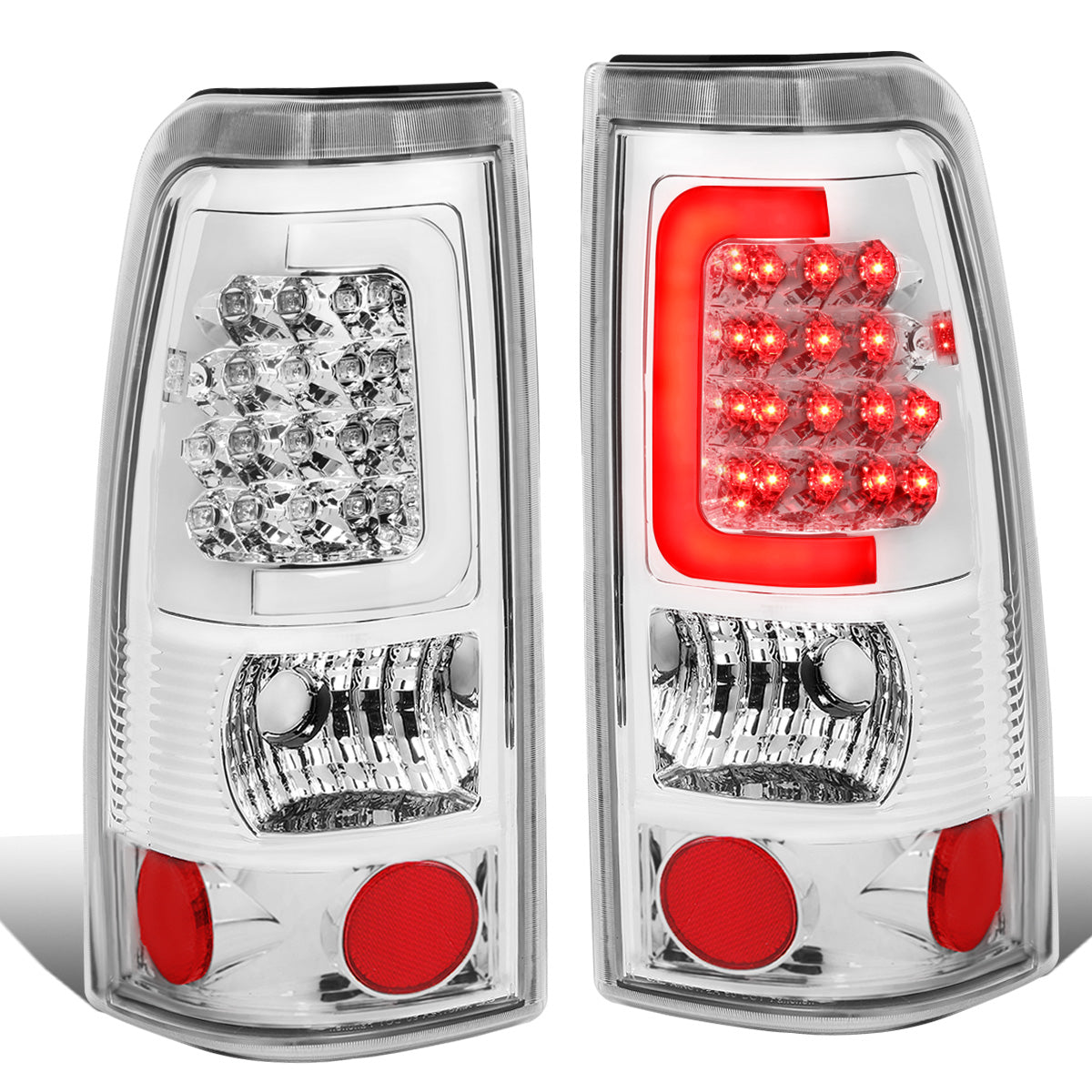 FAROS TRASEROS 99-02 CHEVY SILVERADO 1500 , 2500 , 3500 , HD MODELS / 99-03 GMC SIERRA 1500 , 2500 , HD MODELS - C-BAR - 3D - U-HALO LED - CHROME / CLEAR