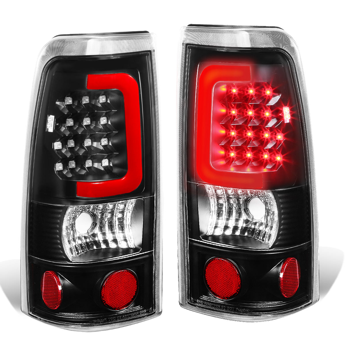 FAROS TRASEROS 99-02 CHEVY SILVERADO 1500 , 2500 , 3500 , HD MODELS / 99-03 GMC SIERRA 1500 , 2500 , HD MODELS - RED C-BAR - 3D - U-HALO LED - BLACK / CLEAR