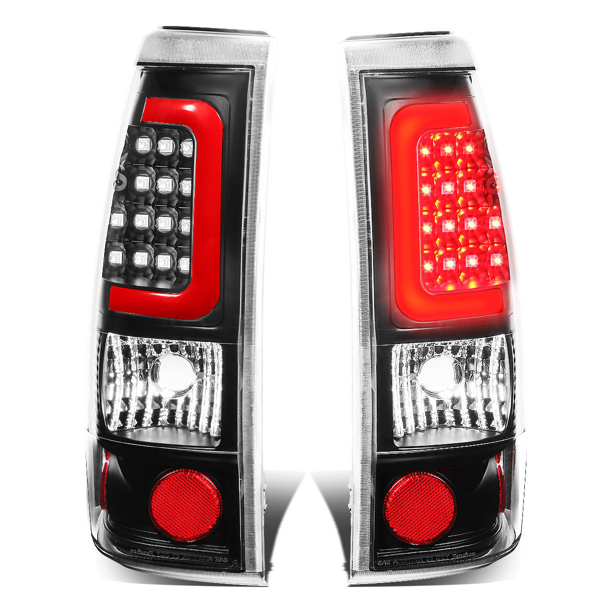 FAROS TRASEROS 99-02 CHEVY SILVERADO 1500 , 2500 , 3500 , HD MODELS / 99-03 GMC SIERRA 1500 , 2500 , HD MODELS - RED C-BAR - 3D - U-HALO LED - BLACK / CLEAR