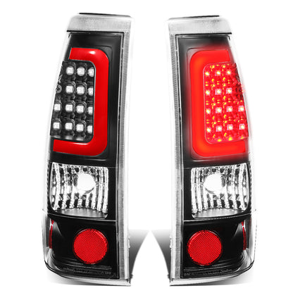 FAROS TRASEROS 99-02 CHEVY SILVERADO 1500 , 2500 , 3500 , HD MODELS / 99-03 GMC SIERRA 1500 , 2500 , HD MODELS - RED C-BAR - 3D - U-HALO LED - BLACK / CLEAR
