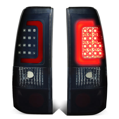 FAROS TRASEROS 99-02 CHEVY SILVERADO 1500 , 2500 , 3500 , HD MODELS / 99-03 GMC SIERRA 1500 , 2500 , HD MODELS - RED C-BAR - 3D - U-HALO LED - BLACK / SMOKE