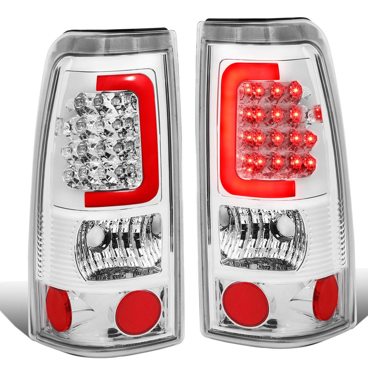 FAROS TRASEROS 99-02 CHEVY SILVERADO 1500 , 2500 , 3500 , HD MODELS / 99-03 GMC SIERRA 1500 , 2500 , HD MODELS - RED C-BAR - 3D - U-HALO LED - CHROME / CLEAR