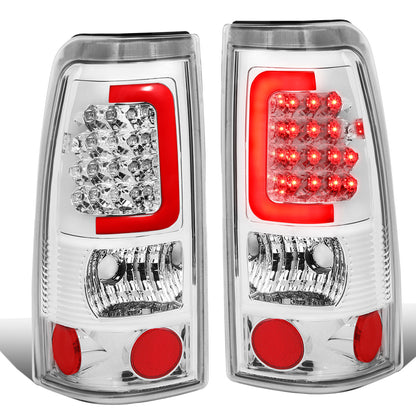 FAROS TRASEROS 99-02 CHEVY SILVERADO 1500 , 2500 , 3500 , HD MODELS / 99-03 GMC SIERRA 1500 , 2500 , HD MODELS - RED C-BAR - 3D - U-HALO LED - CHROME / CLEAR