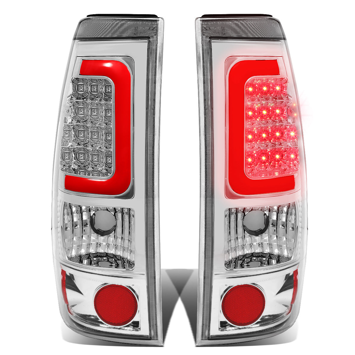 FAROS TRASEROS 99-02 CHEVY SILVERADO 1500 , 2500 , 3500 , HD MODELS / 99-03 GMC SIERRA 1500 , 2500 , HD MODELS - RED C-BAR - 3D - U-HALO LED - CHROME / CLEAR