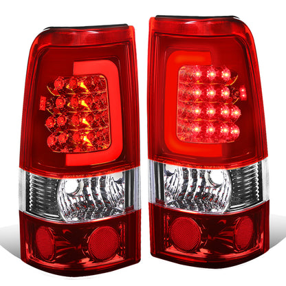 FAROS TRASEROS 99-02 CHEVY SILVERADO 1500 , 2500 , 3500 , HD MODELS / 99-03 GMC SIERRA 1500 , 2500 , HD MODELS - RED C-BAR - 3D - U-HALO LED - CHROME / RED