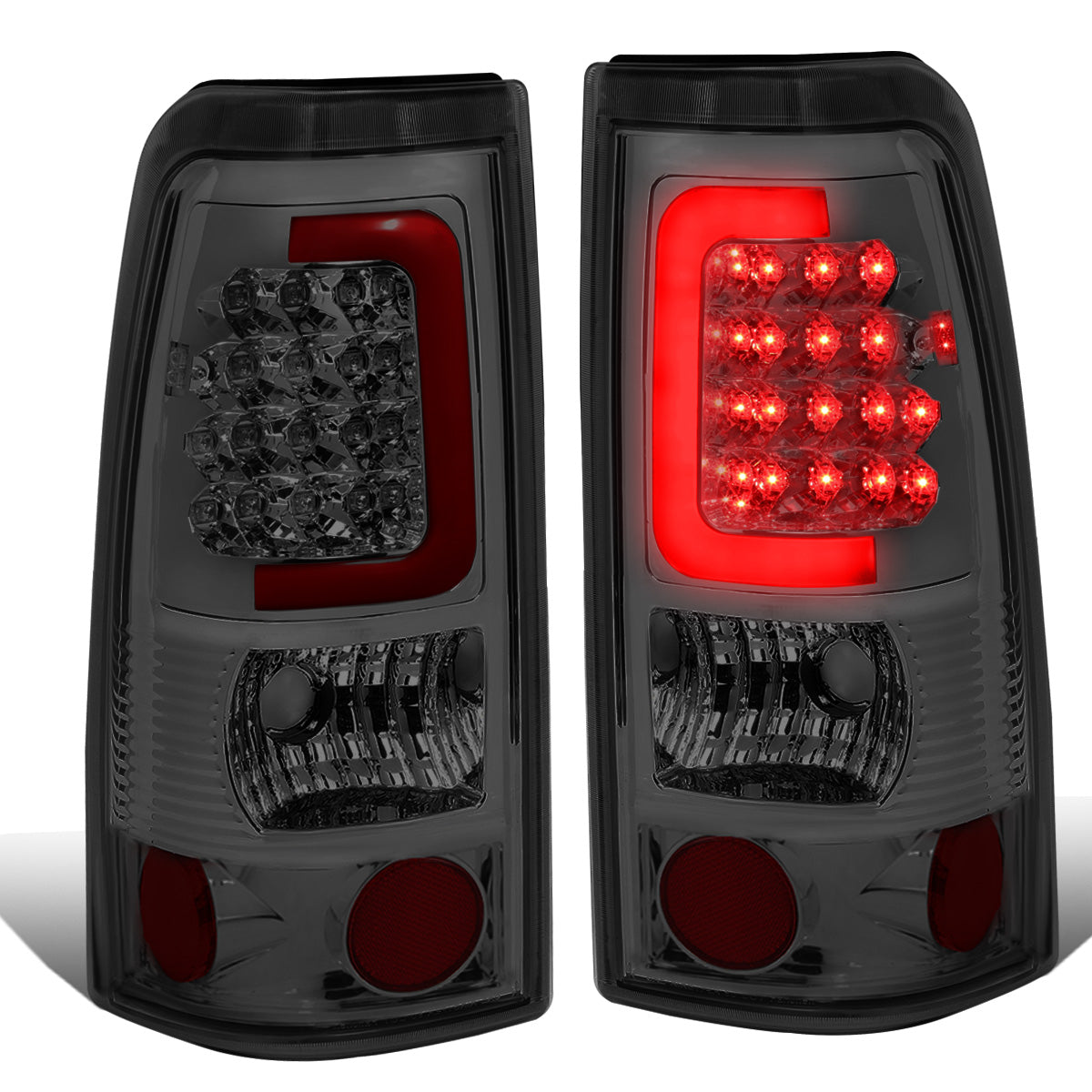 FAROS TRASEROS 99-02 CHEVY SILVERADO 1500 , 2500 , 3500 , HD MODELS / 99-03 GMC SIERRA 1500 , 2500 , HD MODELS - RED C-BAR - 3D - U-HALO LED - CHROME / SMOKE