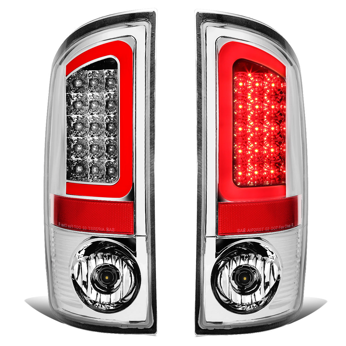 FAROS TRASEROS 02-06 DODGE RAM 1500 / 03-06 DODGE RAM 2500 , 3500 - RED C-BAR - 3D - U-HALO LED - CHROME / CLEAR