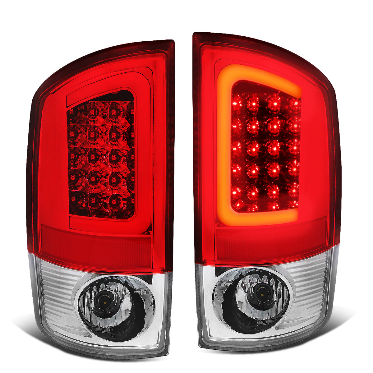 FAROS TRASEROS 02-06 DODGE RAM 1500 / 03-06 DODGE RAM 2500 , 3500 - RED C-BAR - 3D - U-HALO LED - CHROME / RED